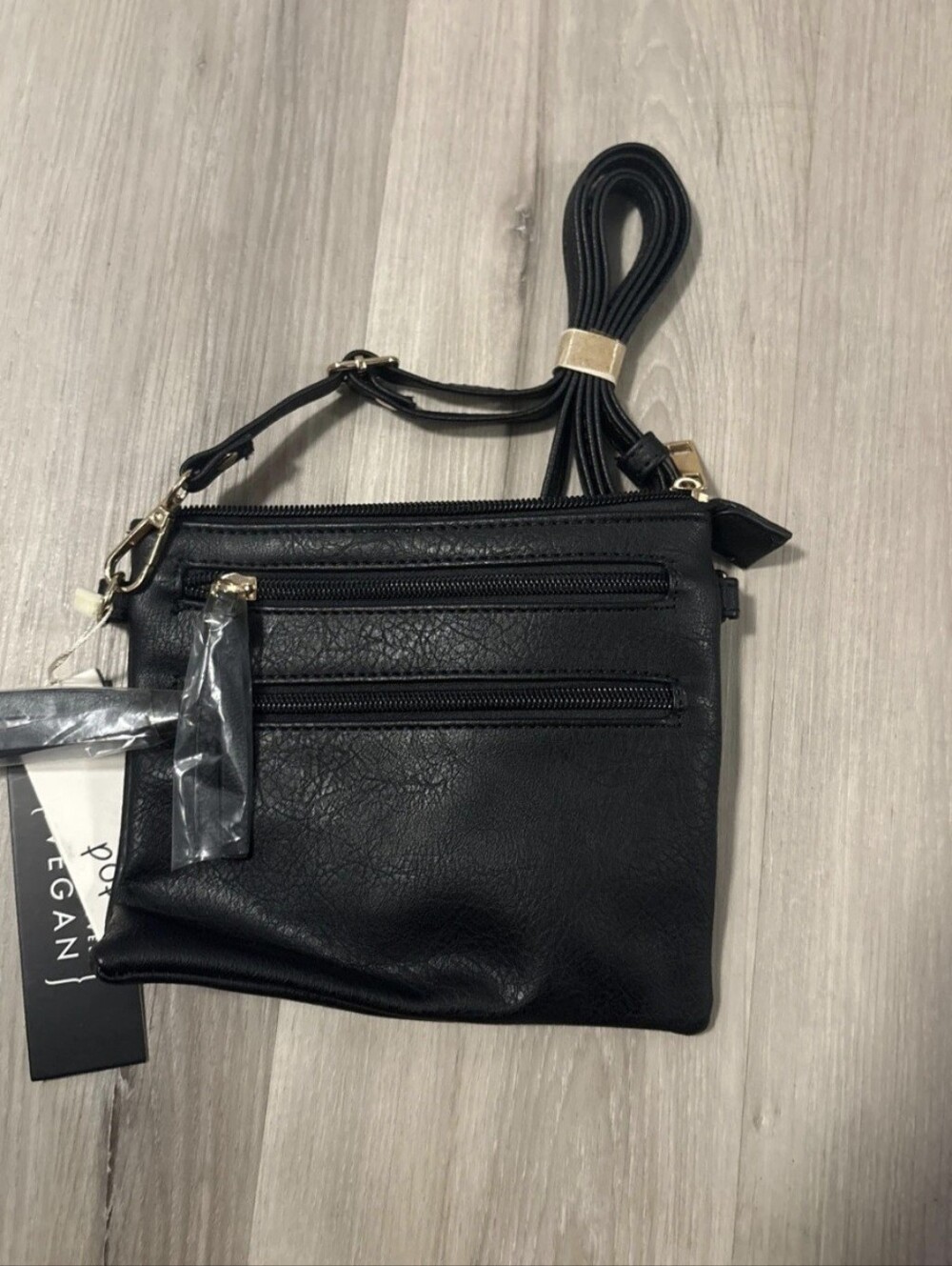 Compact Black Vegan Leather Crossbody Bag with Dual Front Zips